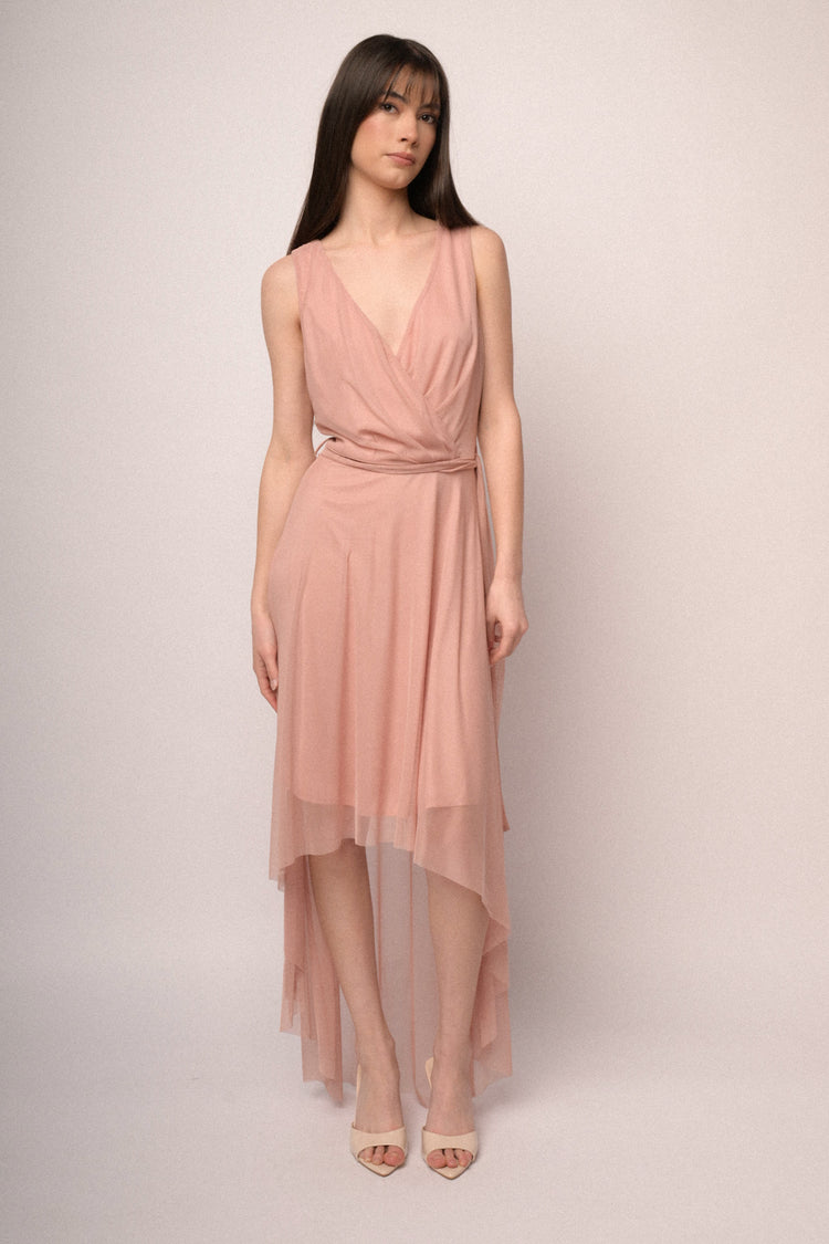 Pink tulle belted high-low dress