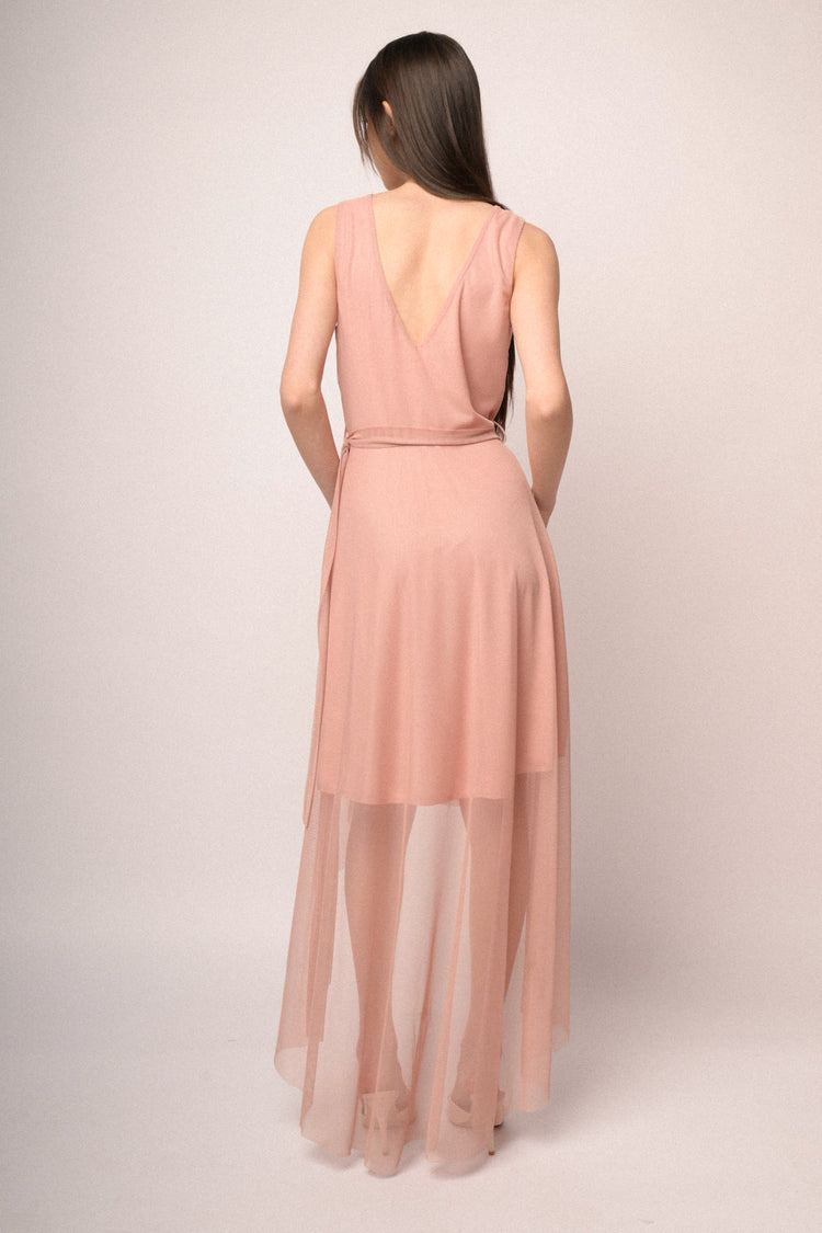 Pink tulle belted high-low dress