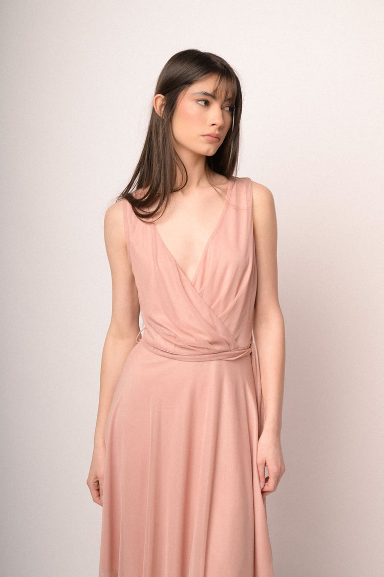 Pink tulle belted high-low dress