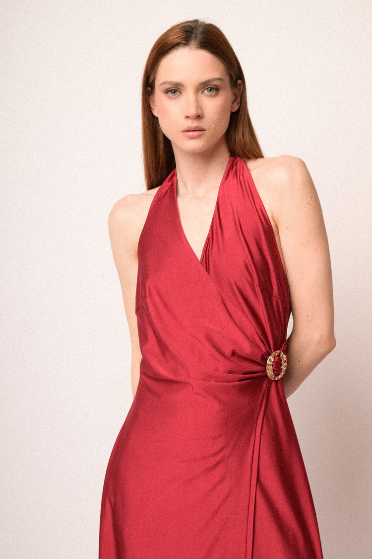 Jewel buckle red satin halter long dress