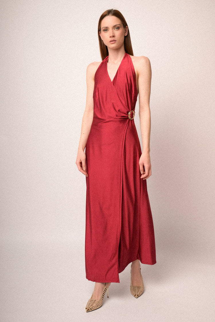 Jewel buckle red satin halter long dress