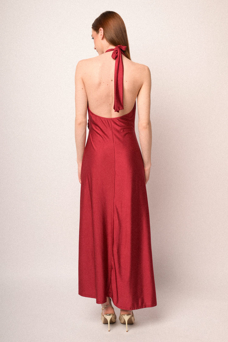 Jewel buckle red satin halter long dress