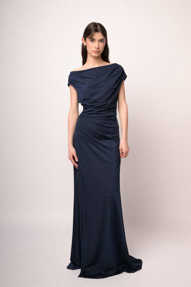 Blue gathered satin split off-the-shoulder gown