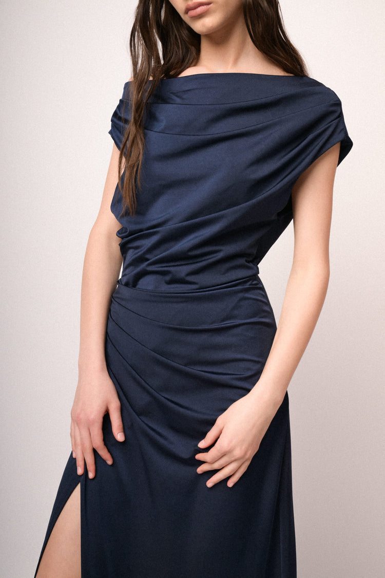 Blue gathered satin split off-the-shoulder gown