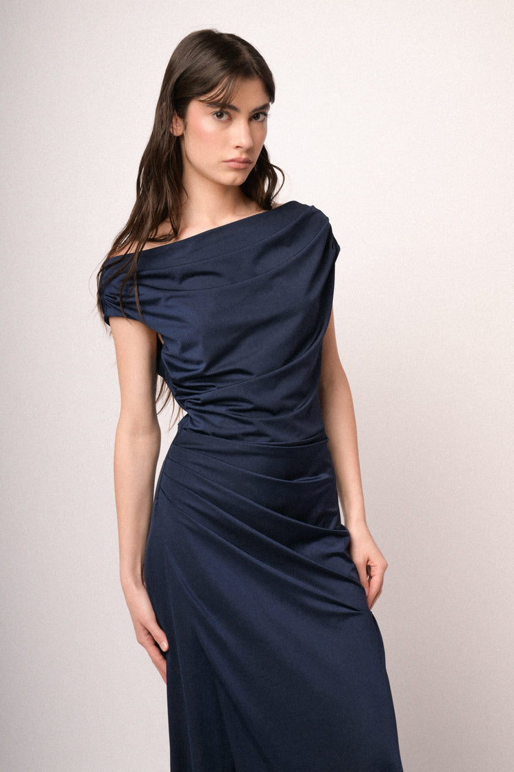 Blue gathered satin split off-the-shoulder gown