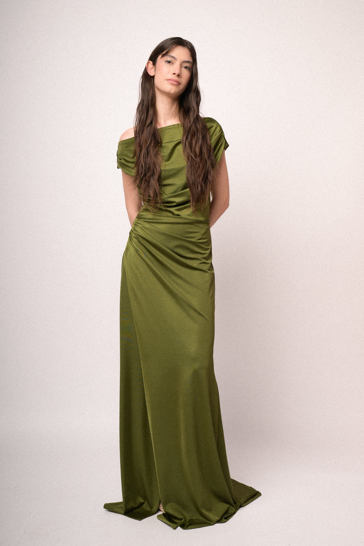 Green gathered satin split off-the-shoulder gown