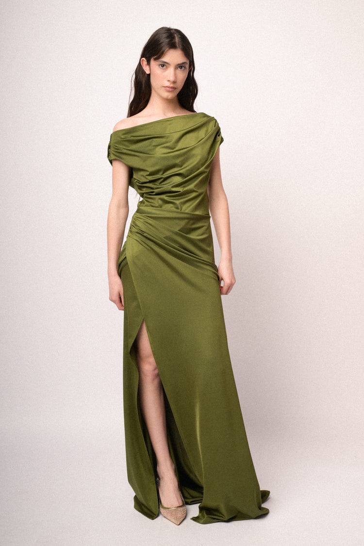 Green gathered satin split off-the-shoulder gown
