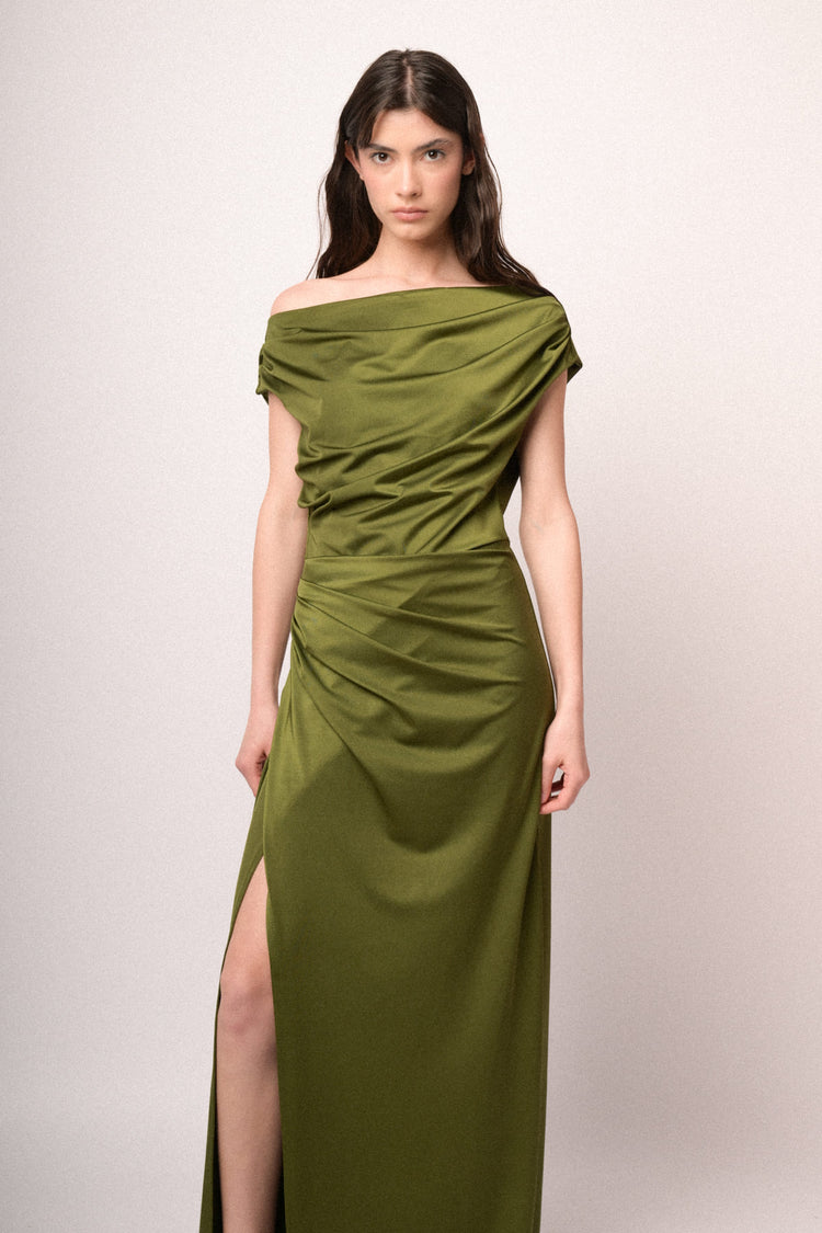 Green gathered satin split off-the-shoulder gown