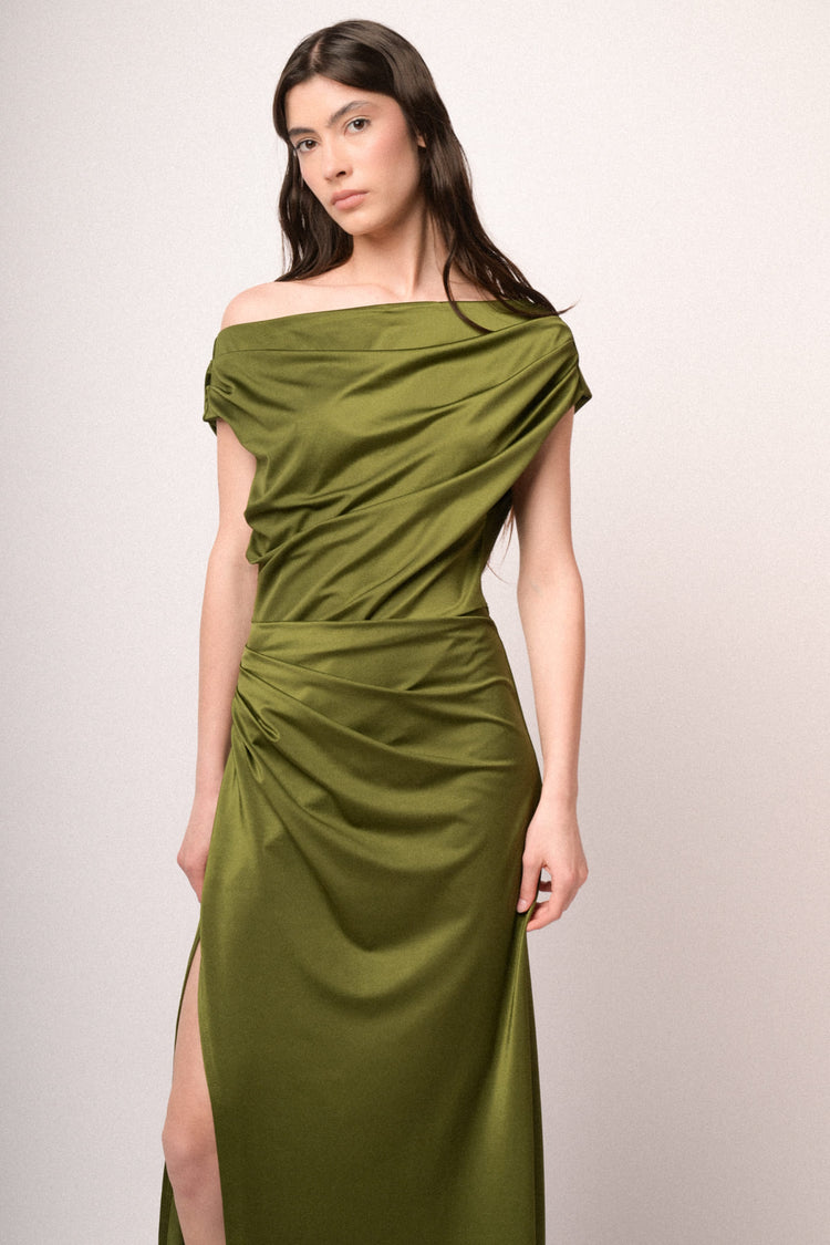 Green gathered satin split off-the-shoulder gown