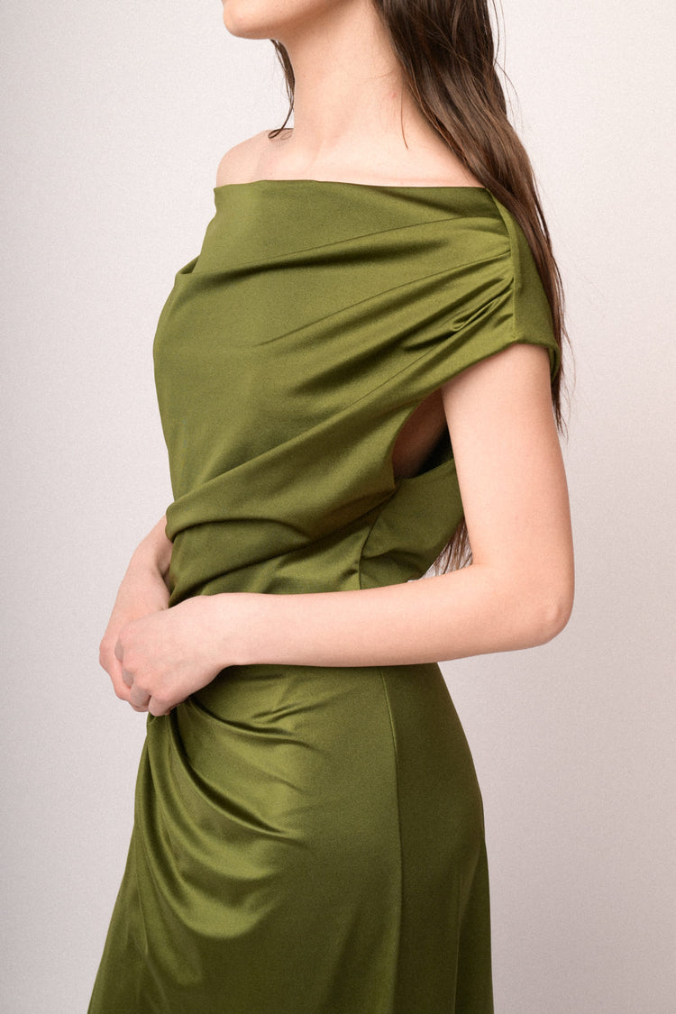 Green gathered satin split off-the-shoulder gown