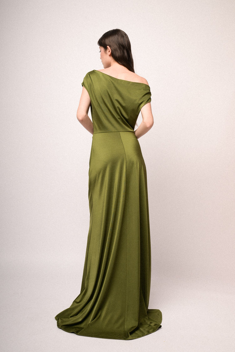 Green gathered satin split off-the-shoulder gown