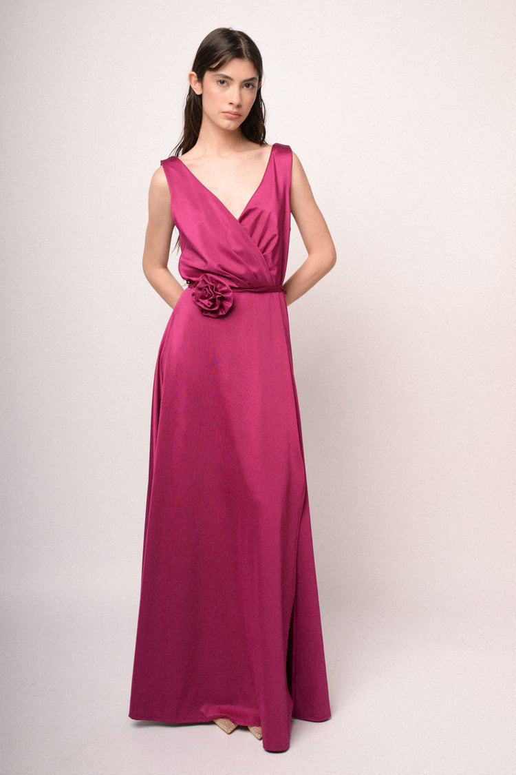 Fuchsia 3D rose belt long satin dress