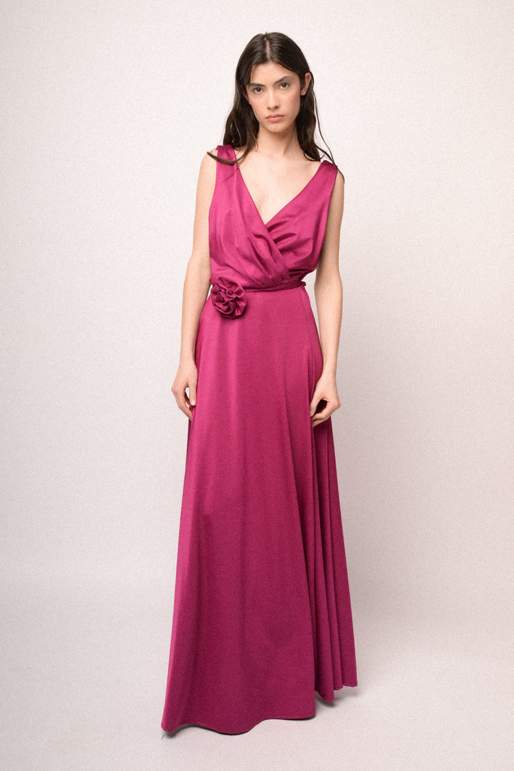 Fuchsia 3D rose belt long satin dress