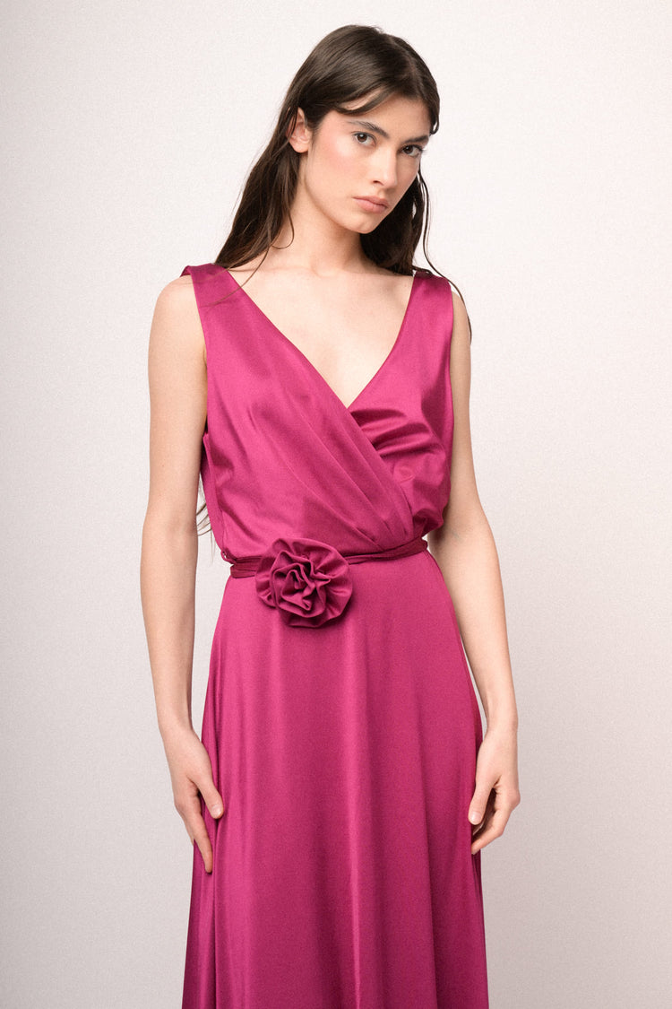 Fuchsia 3D rose belt long satin dress