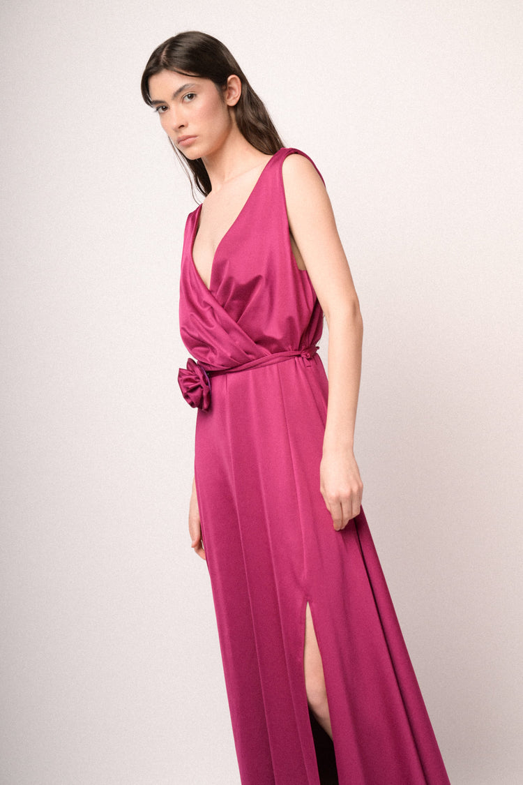 Fuchsia 3D rose belt long satin dress