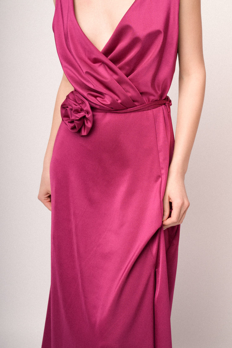 Fuchsia 3D rose belt long satin dress