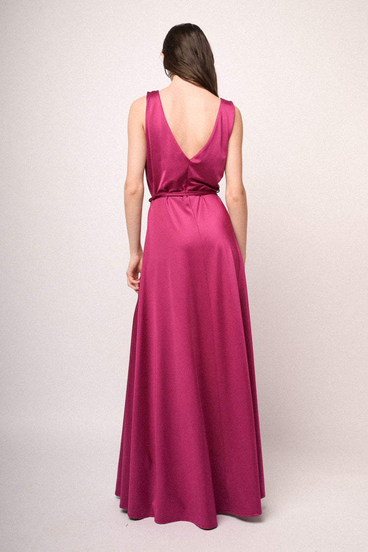 Fuchsia 3D rose belt long satin dress