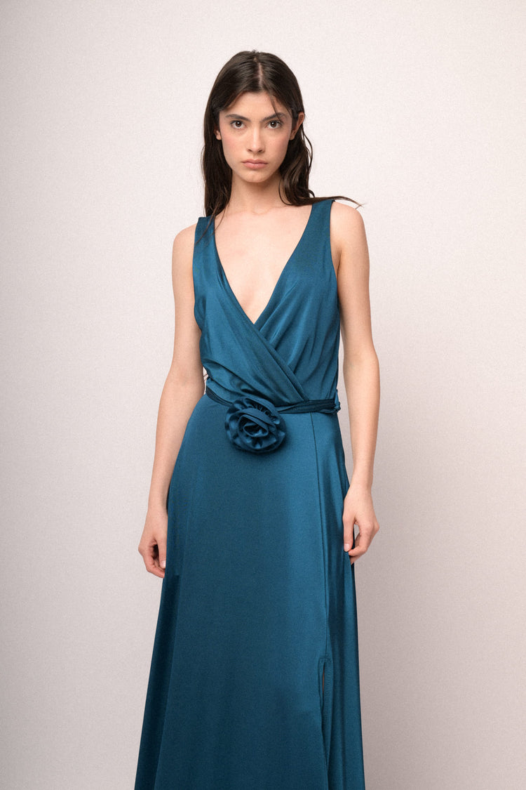Teal 3D rose belt long satin dress