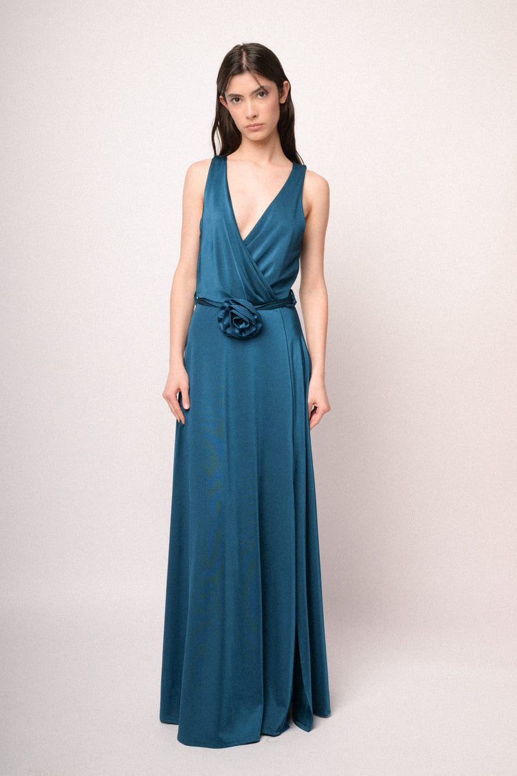 Teal 3D rose belt long satin dress