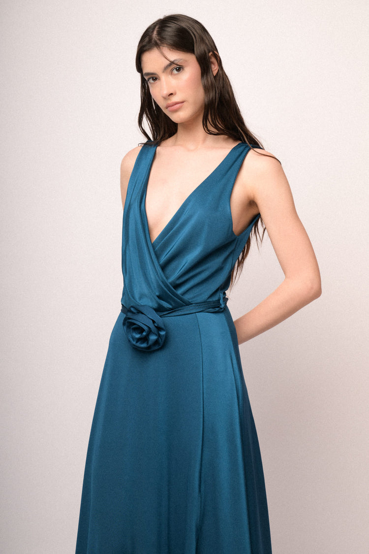 Teal 3D rose belt long satin dress