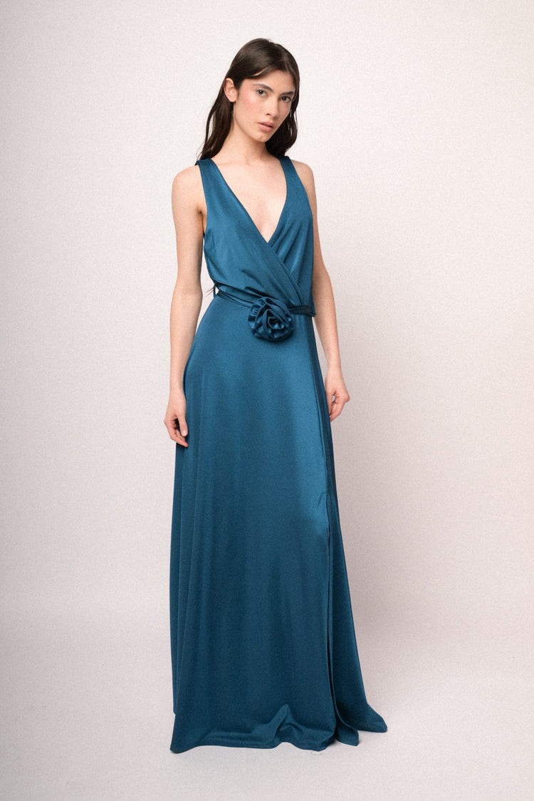 Teal 3D rose belt long satin dress