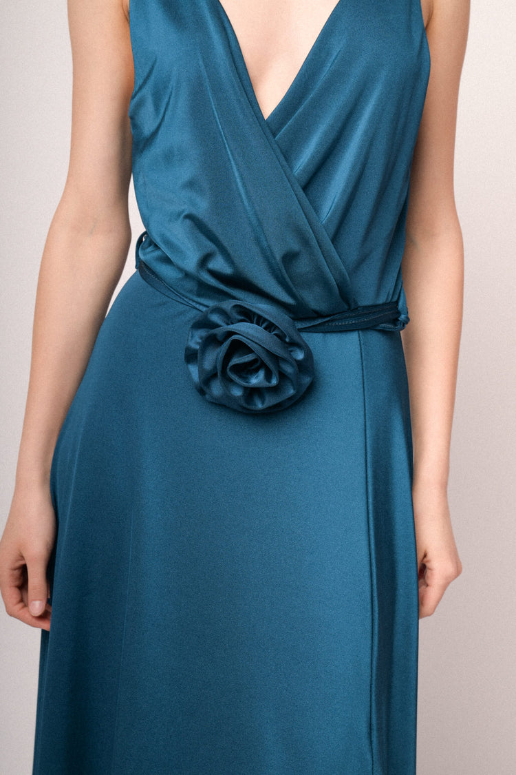 Teal 3D rose belt long satin dress