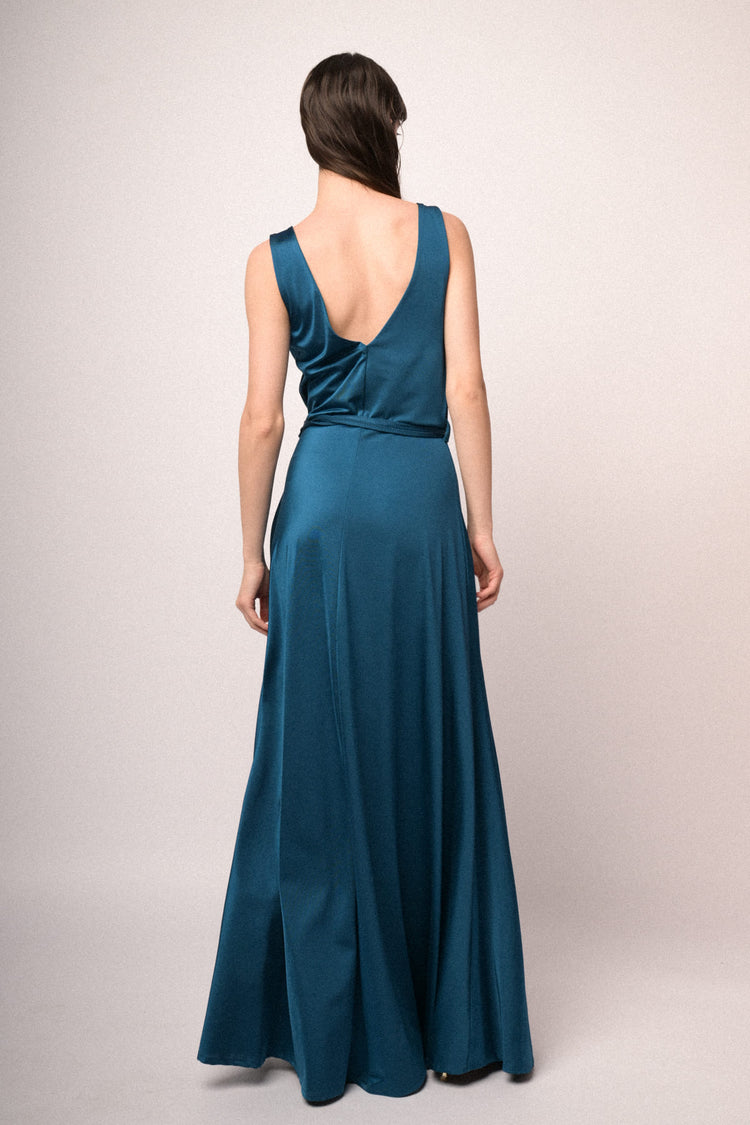 Teal 3D rose belt long satin dress