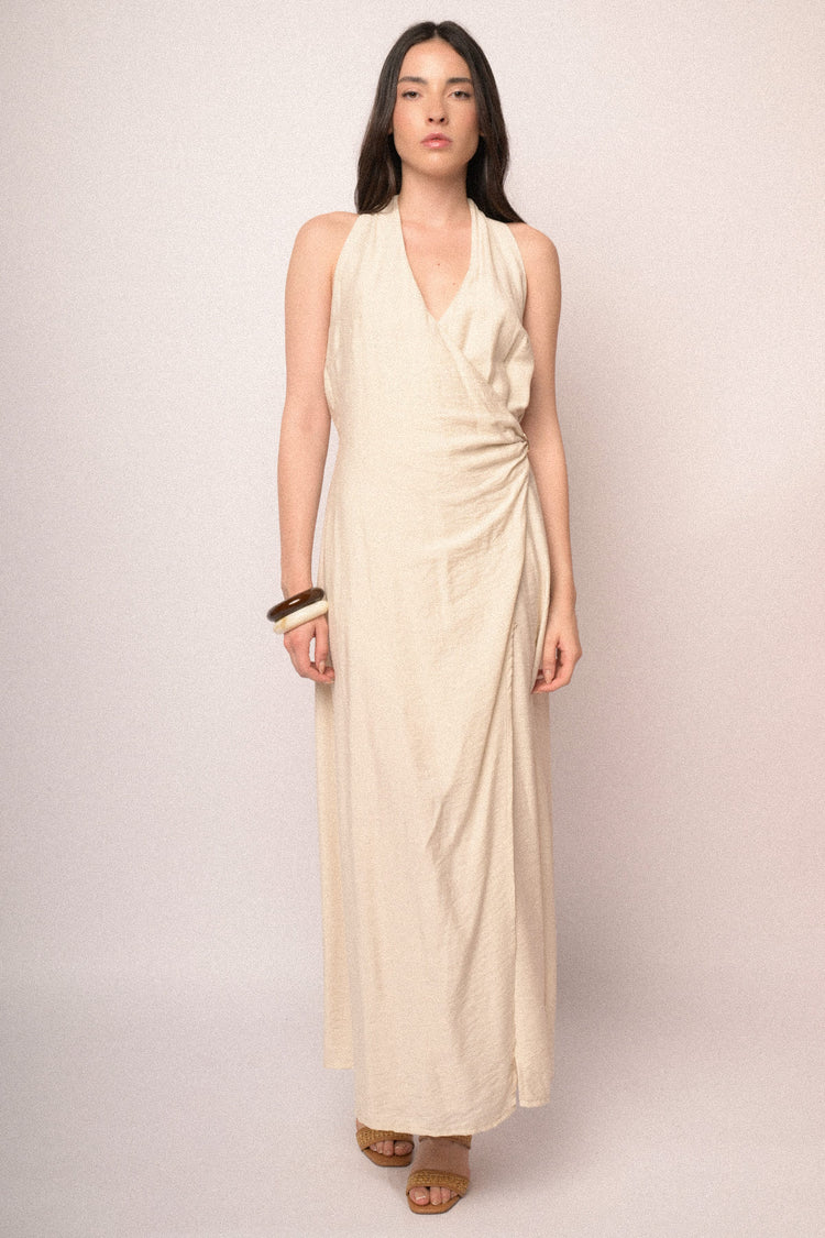 Beige viscose jewel-buckle long halter dress