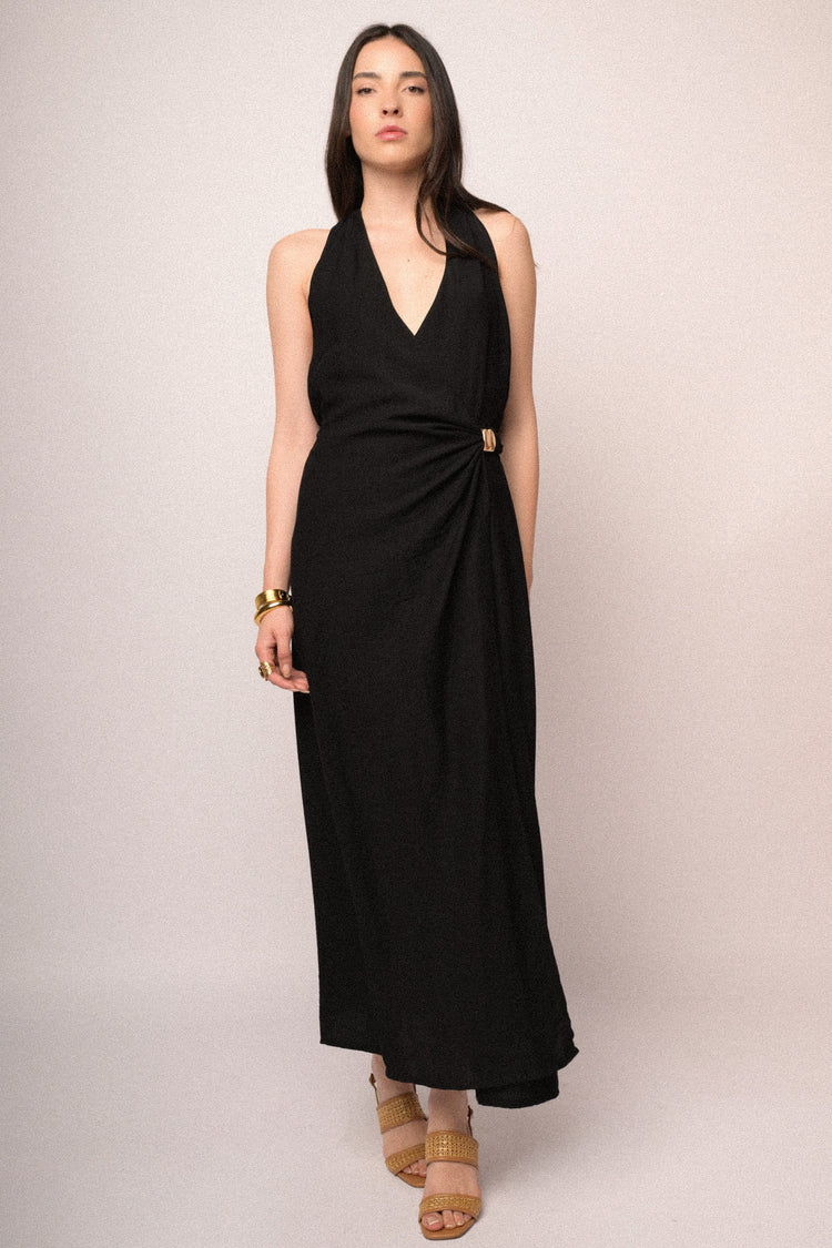 Black viscose jewel-buckle long halter dress