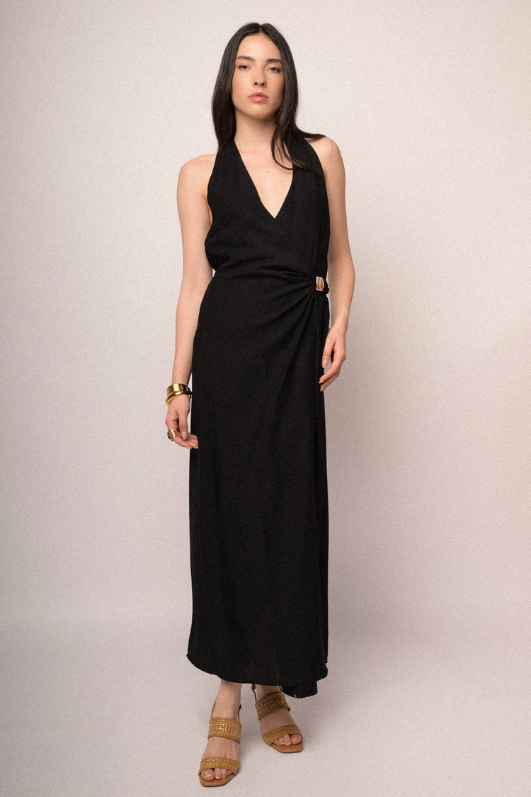Black viscose jewel-buckle long halter dress