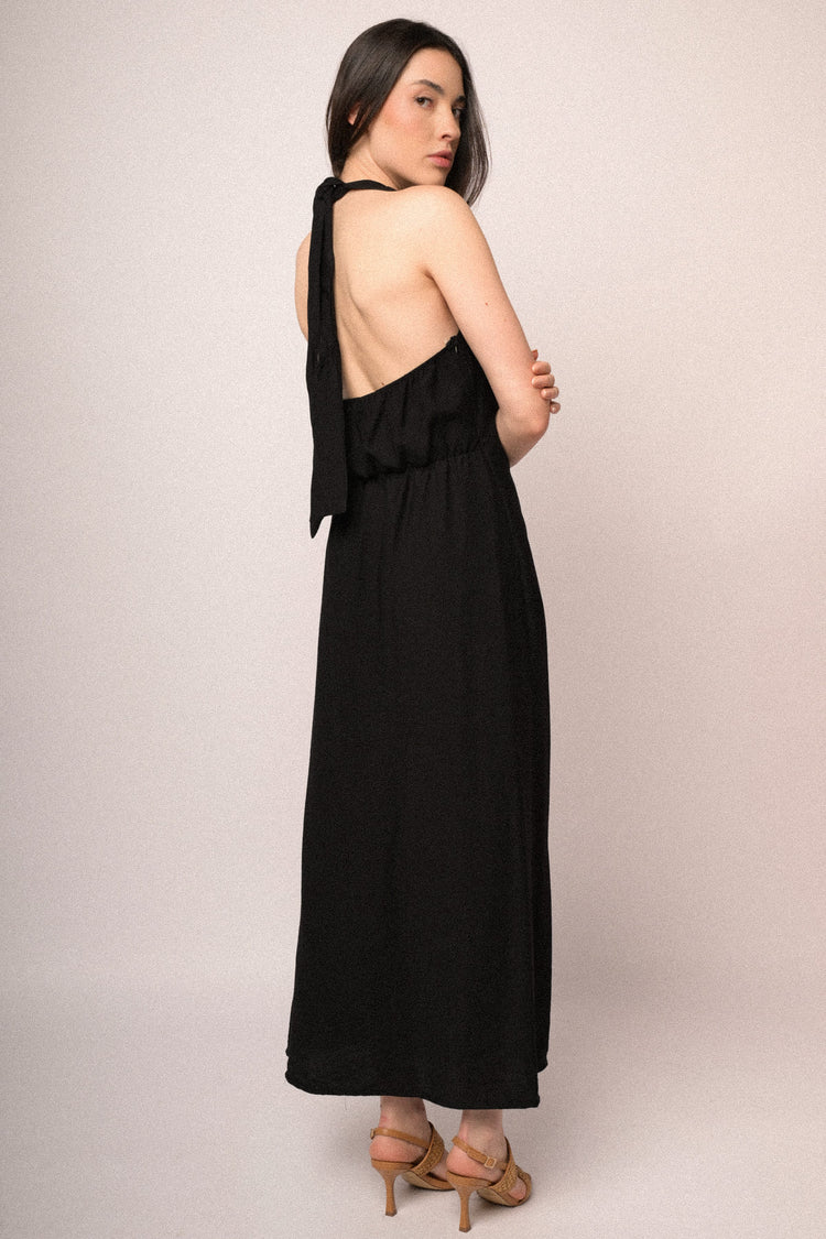 Black viscose jewel-buckle long halter dress