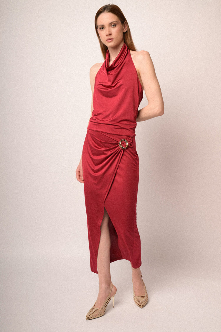 Jewel buckle red wrap midi skirt