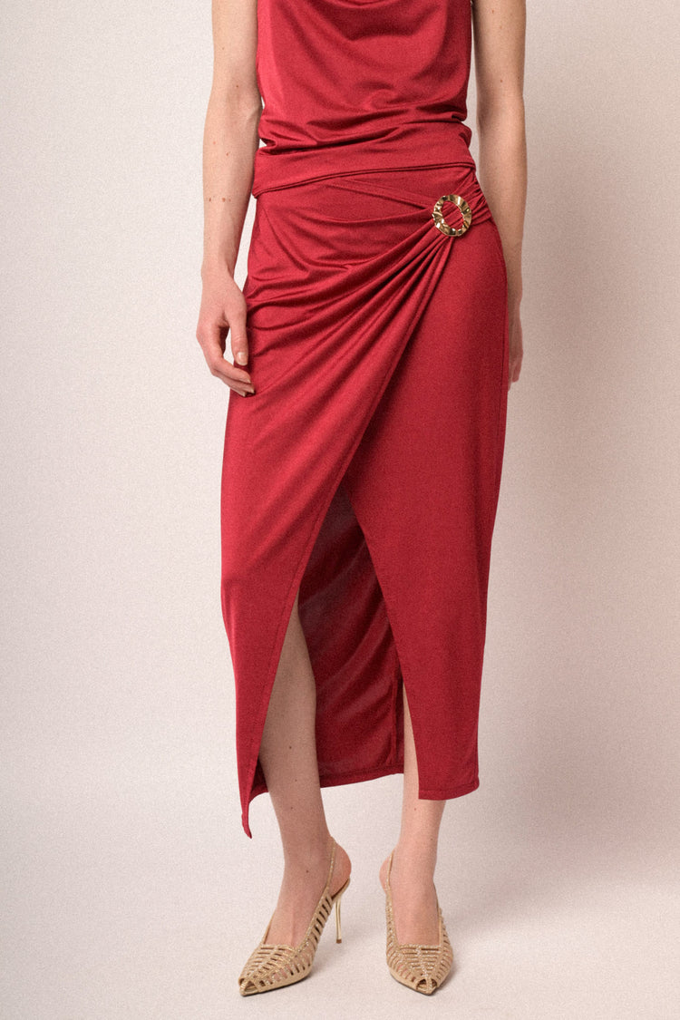 Jewel buckle red wrap midi skirt