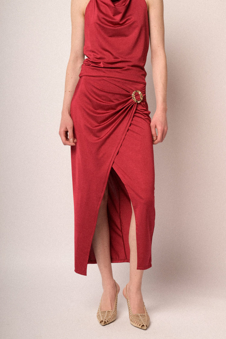 Jewel buckle red wrap midi skirt