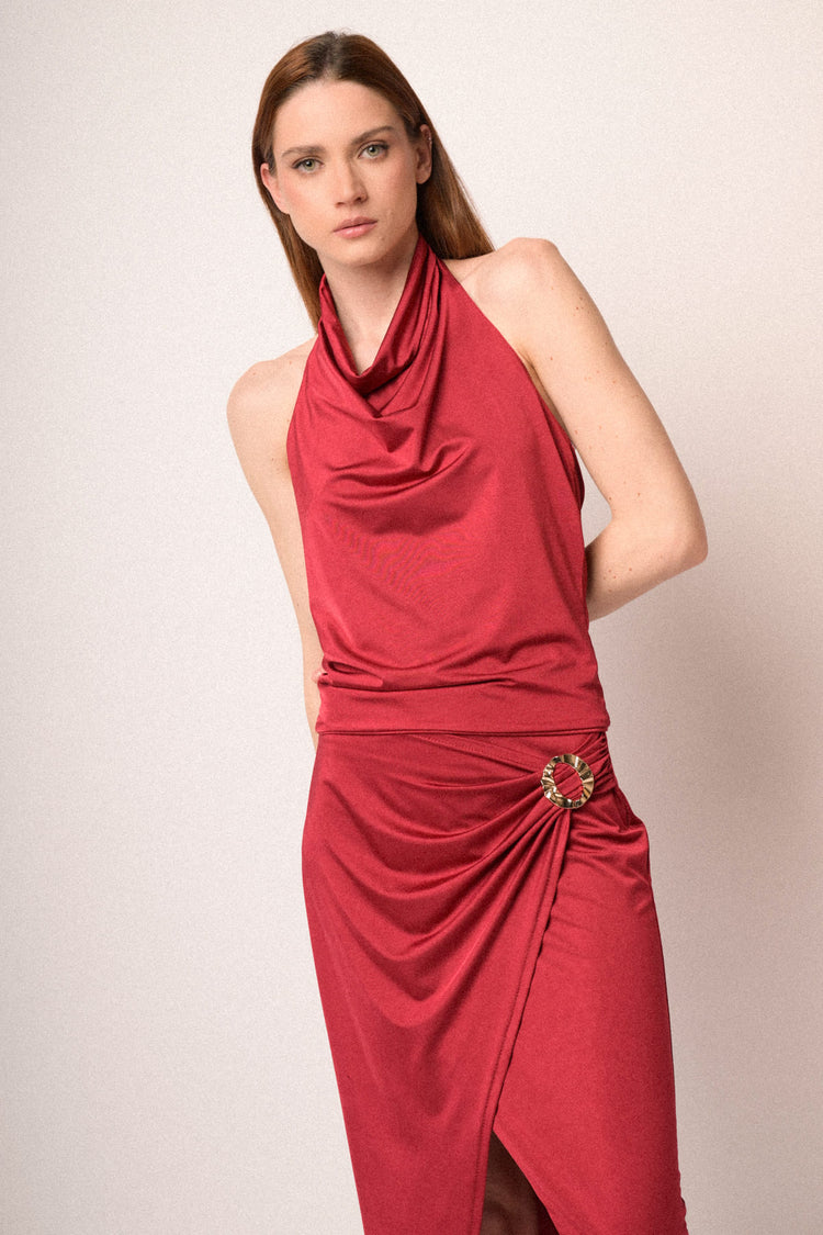 Jewel buckle red wrap midi skirt