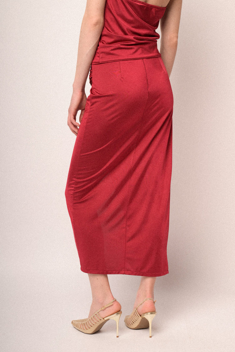 Jewel buckle red wrap midi skirt