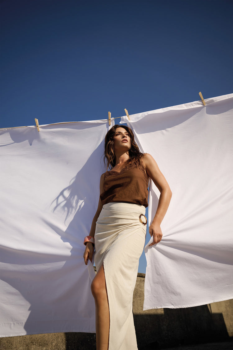 Beige buckle wrap midi skirt