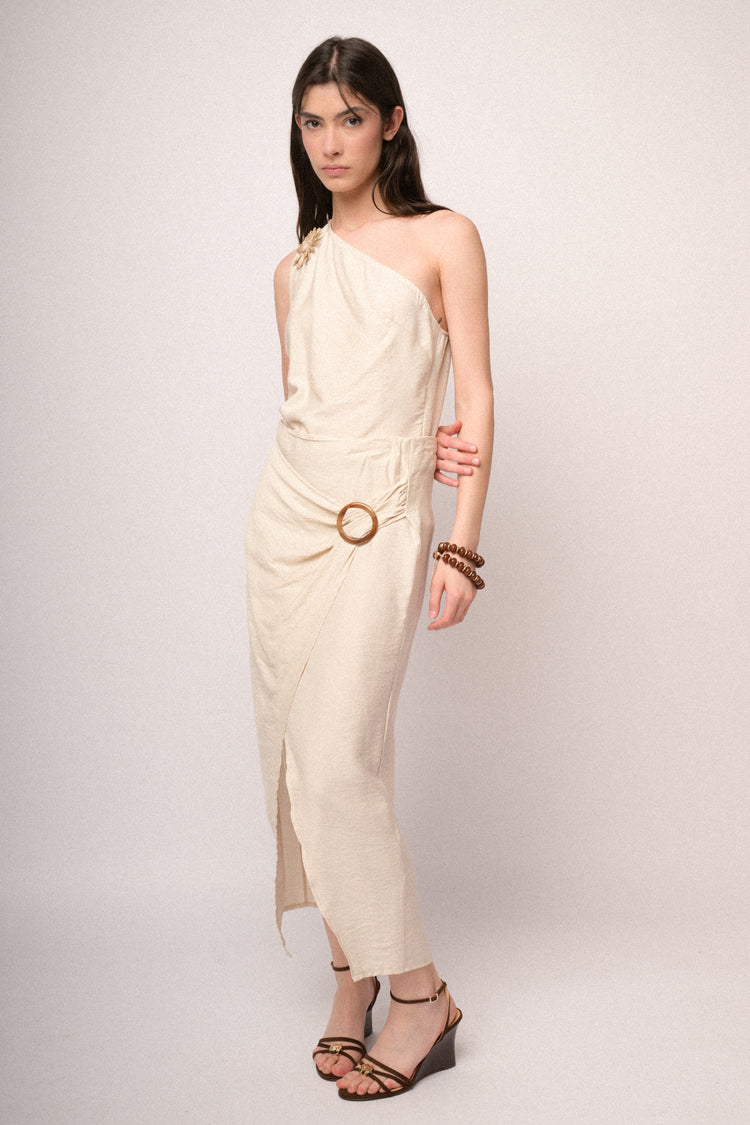 Beige buckle wrap midi skirt