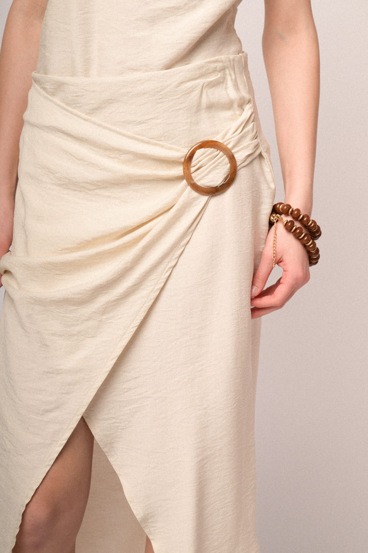 Beige buckle wrap midi skirt