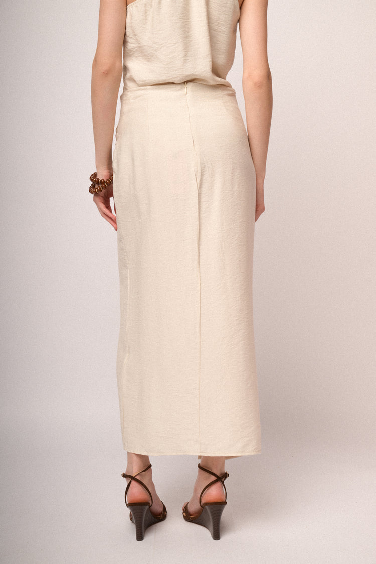 Beige buckle wrap midi skirt