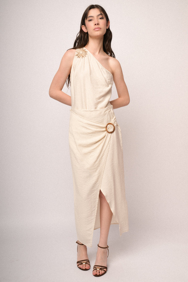 Beige buckle wrap midi skirt