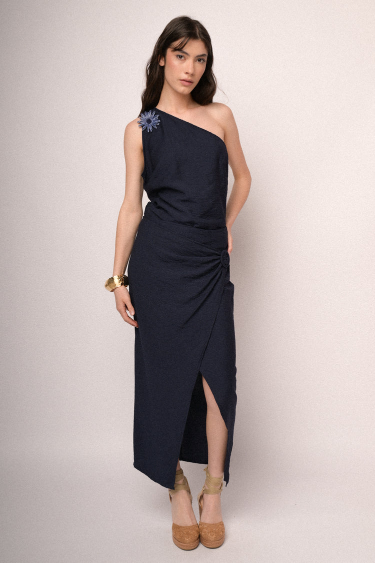 Blue buckle wrap midi skirt