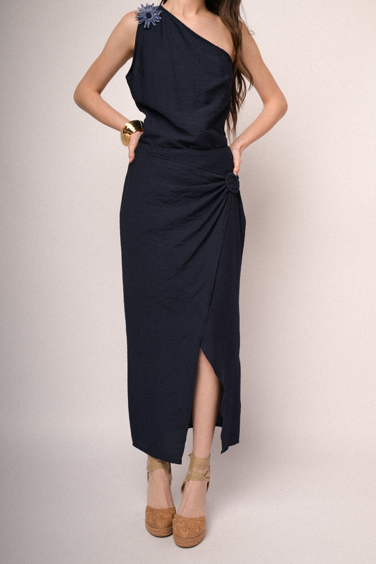 Blue buckle wrap midi skirt