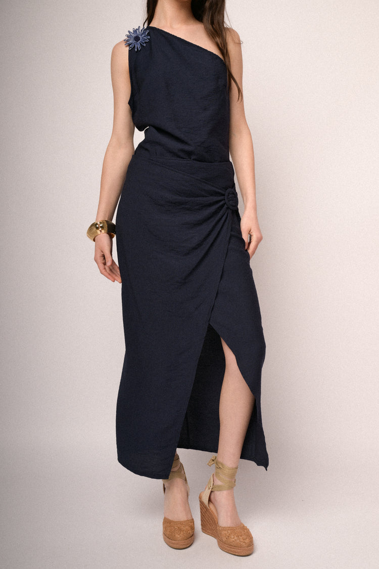 Blue buckle wrap midi skirt