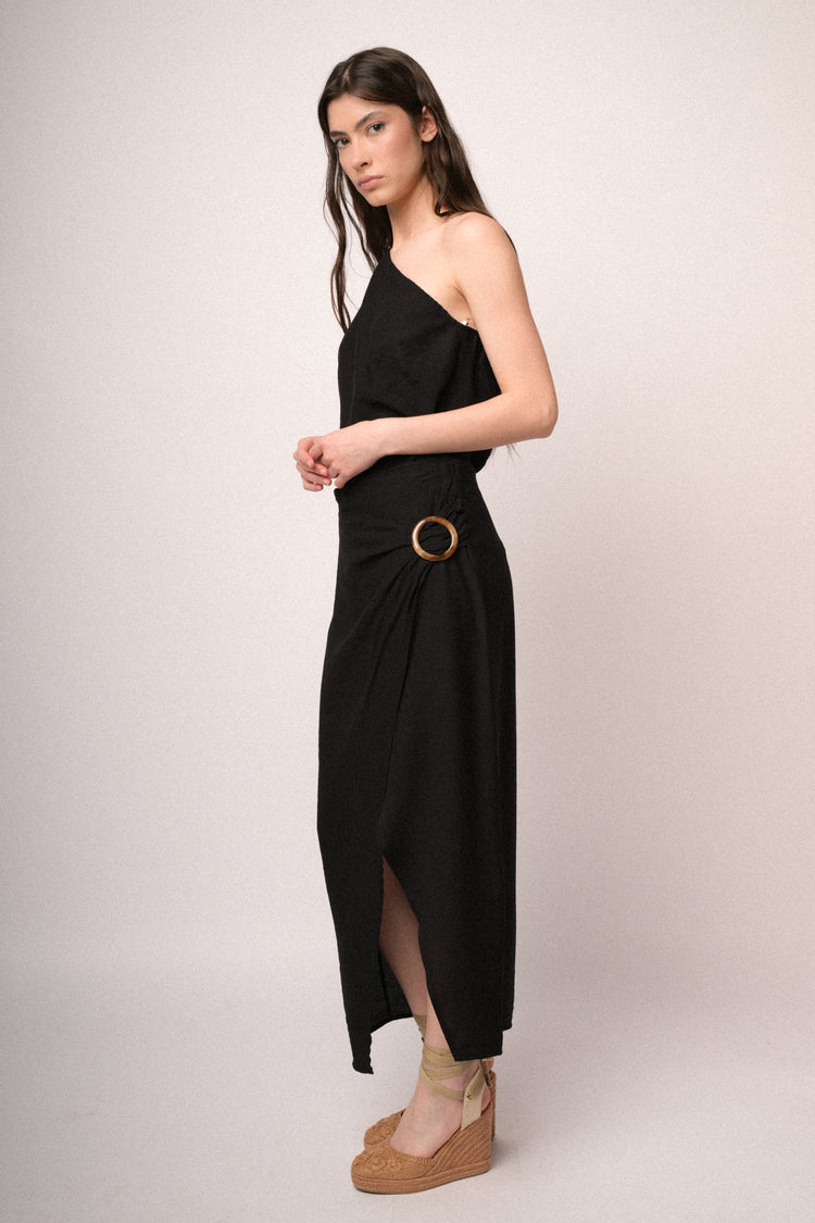 Black buckle wrap midi skirt