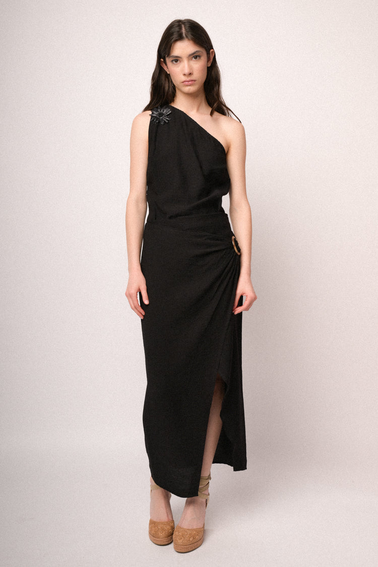 Black buckle wrap midi skirt