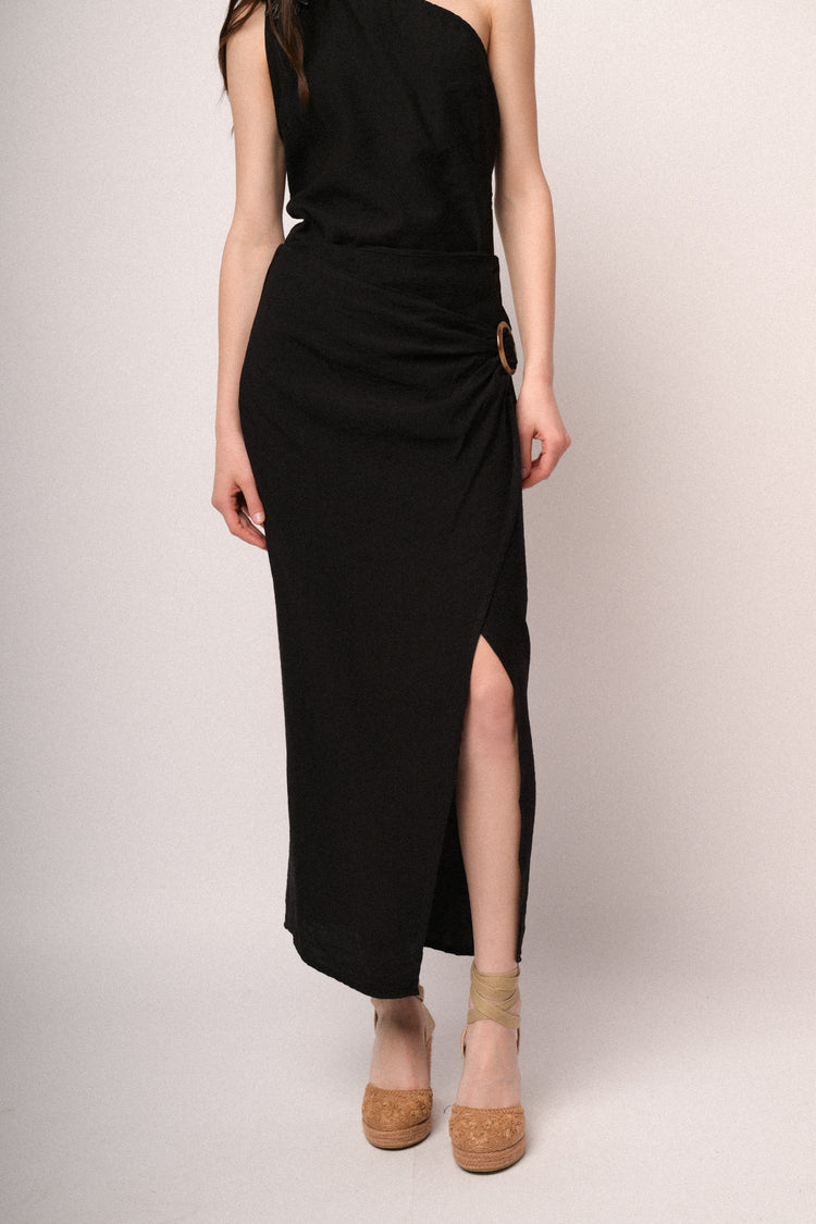 Black buckle wrap midi skirt
