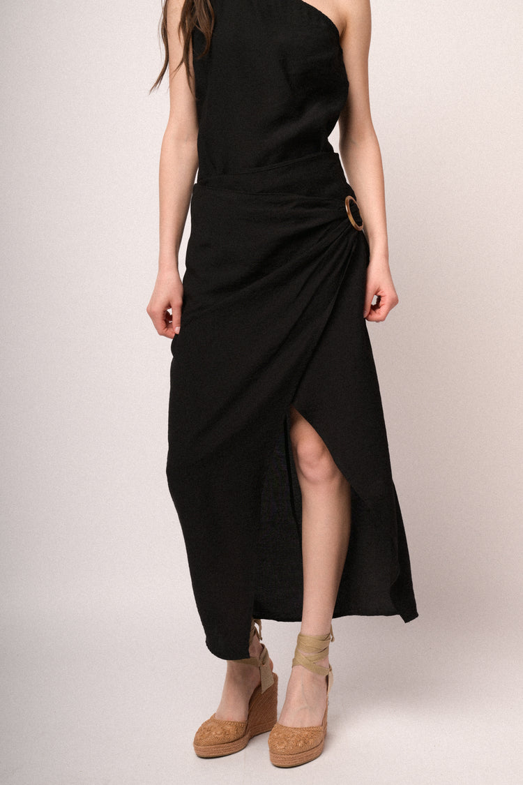 Black buckle wrap midi skirt