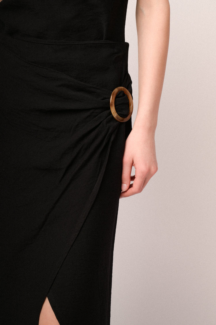 Black buckle wrap midi skirt