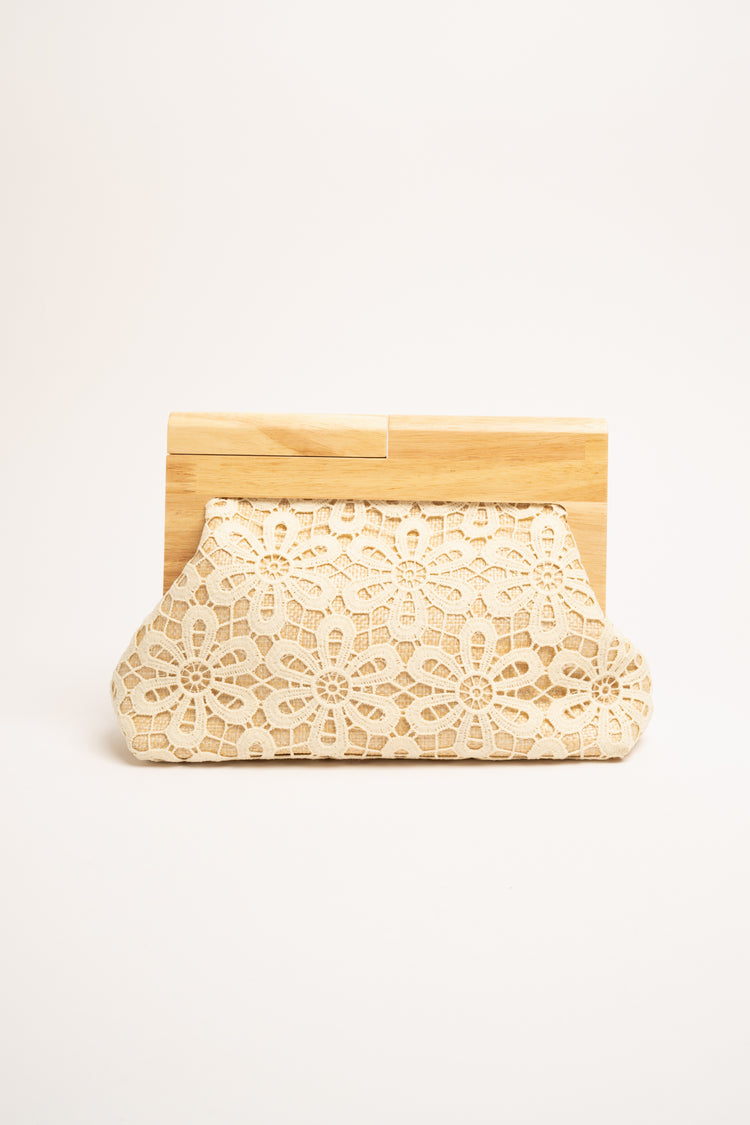 Beige lace and wood clutch bag
